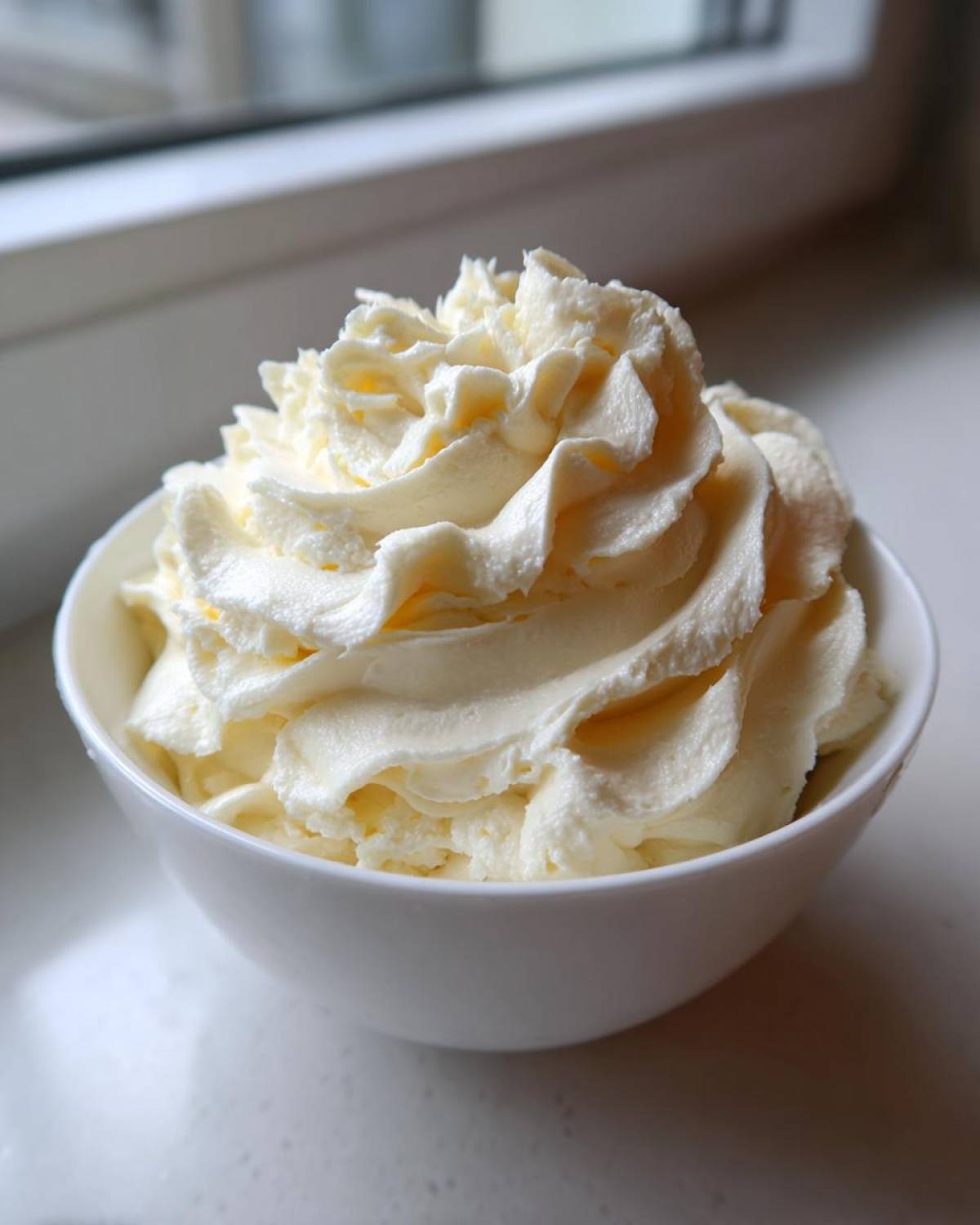 A close-up of perfectly piped, fluffy vanilla buttercream frosting piled high in a small white bowl.