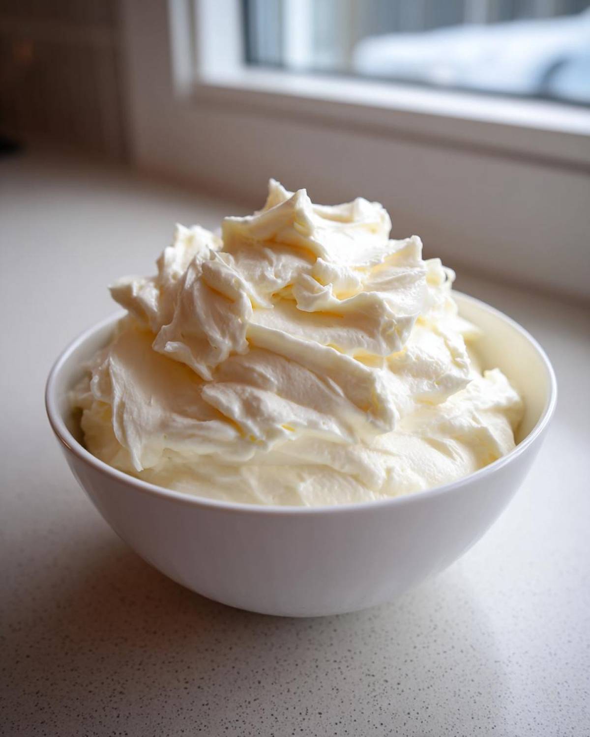 A white bowl filled with light, fluffy vanilla buttercream frosting, set near a window.