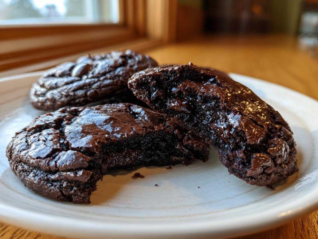Close-up of fudgy chocolate brownie cookies on a white plate, one broken open to show the gooey interior.