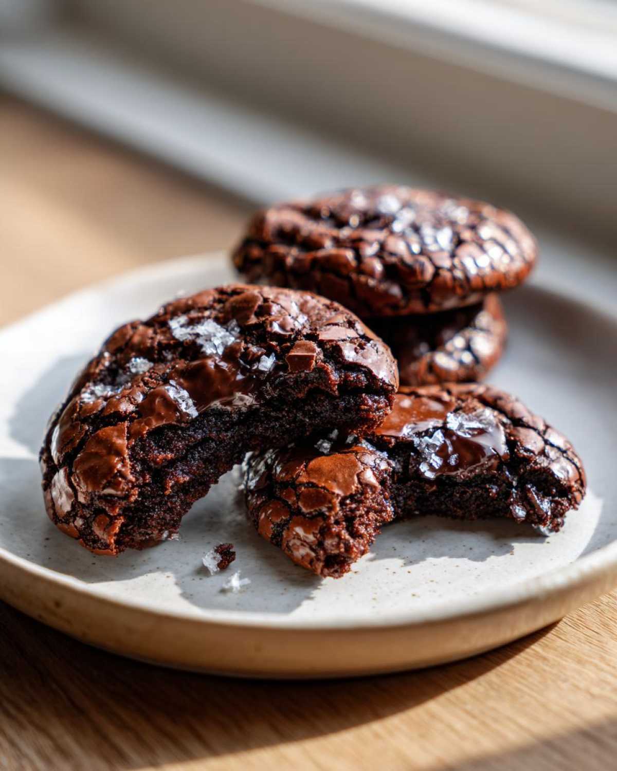 Close-up of fudgy chocolate brownie cookies, one broken open, topped with flaky sea salt.
