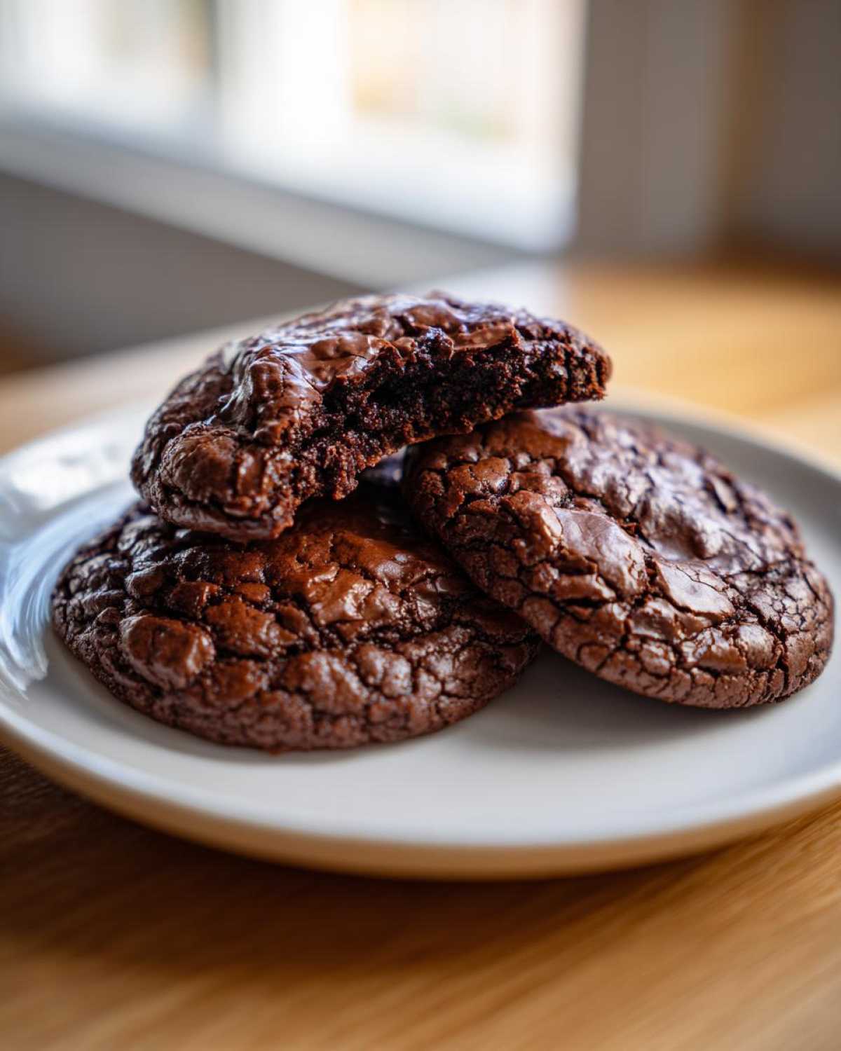Three fudgy chocolate brownie cookies stacked on a white plate, one broken open to show the chewy interior.