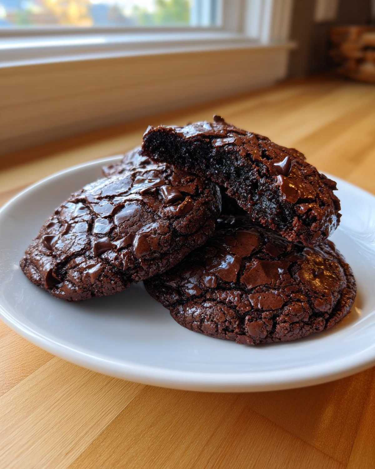 A stack of three rich, fudgy chocolate brownie cookies with cracked tops and melted chocolate chips.