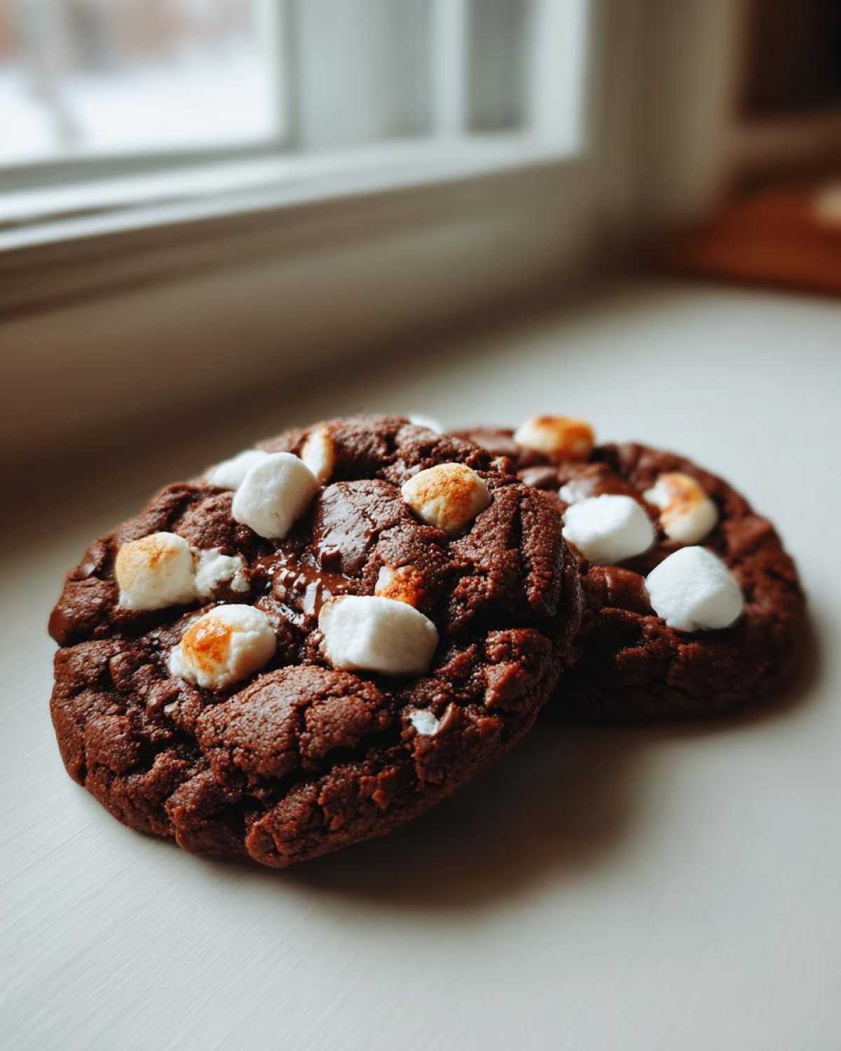 Two rich, dark hot chocolate cookies topped with melted chocolate chips and toasted marshmallows sitting on a white surface.