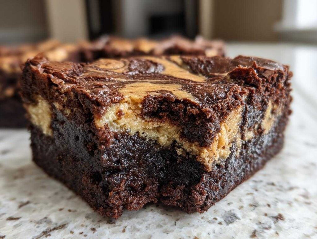 A close-up, macro shot of a fudgy peanut butter swirl brownies square showing the rich chocolate base and creamy peanut butter topping swirl.