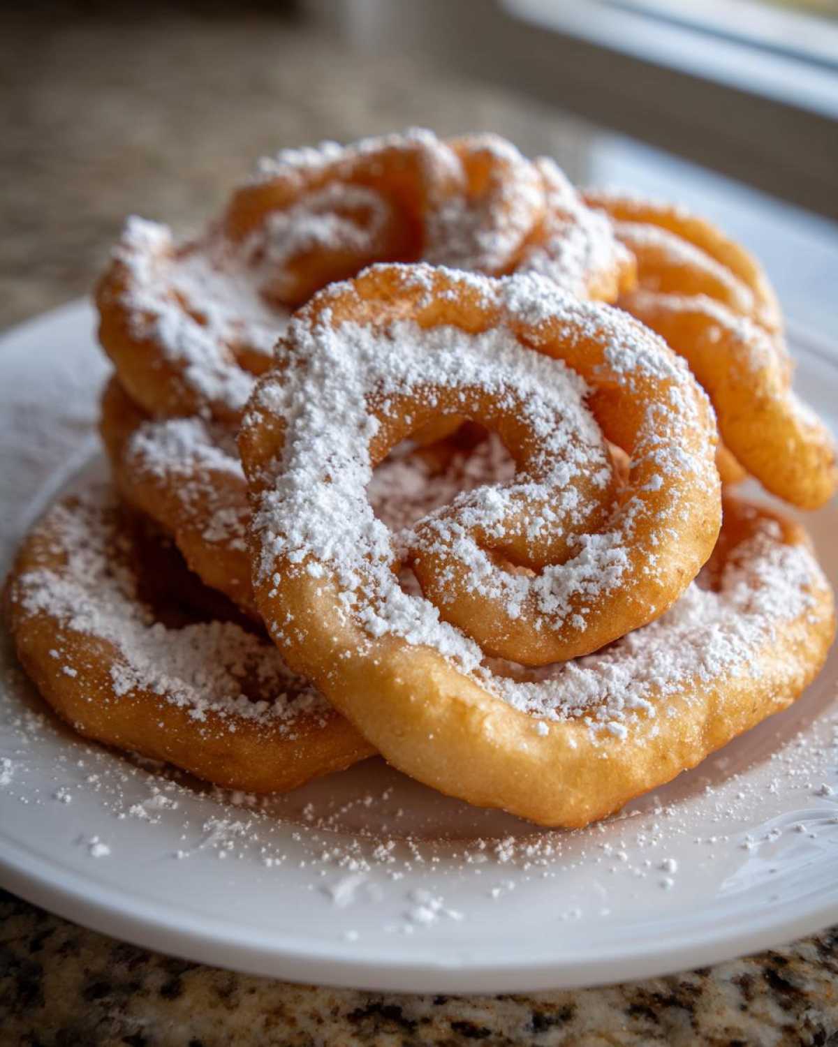 A stack of freshly fried, golden brown funnel cake recipe treats generously dusted with white powdered sugar on a white plate.