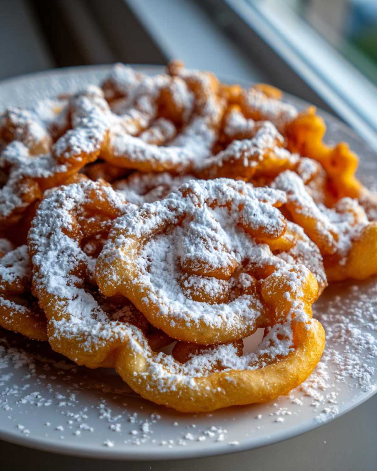 Close-up of golden brown funnel cake recipe portions piled on a white plate and heavily dusted with white powdered sugar.