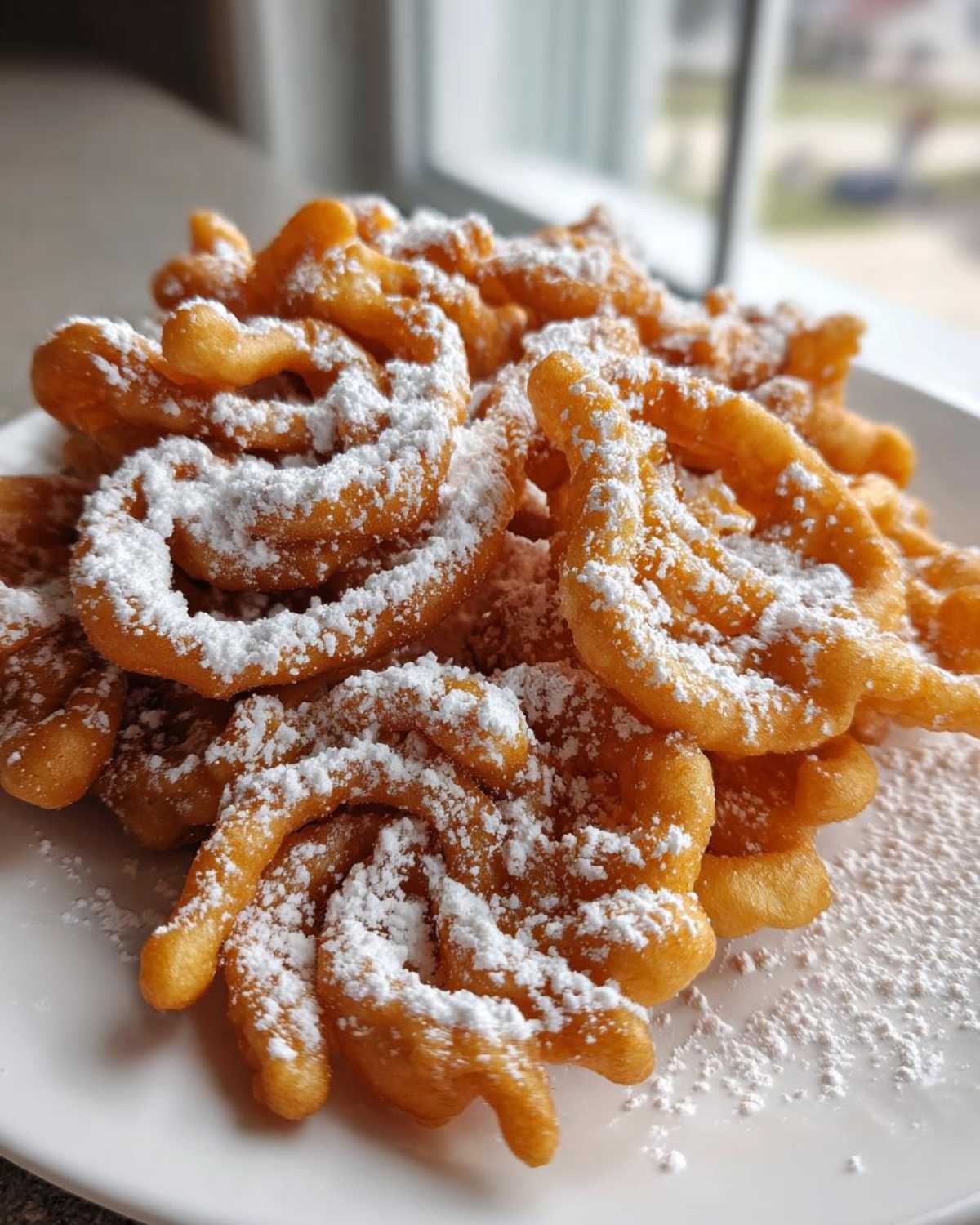 A close-up of freshly made funnel cake recipe piled on a white plate, generously dusted with white powdered sugar.