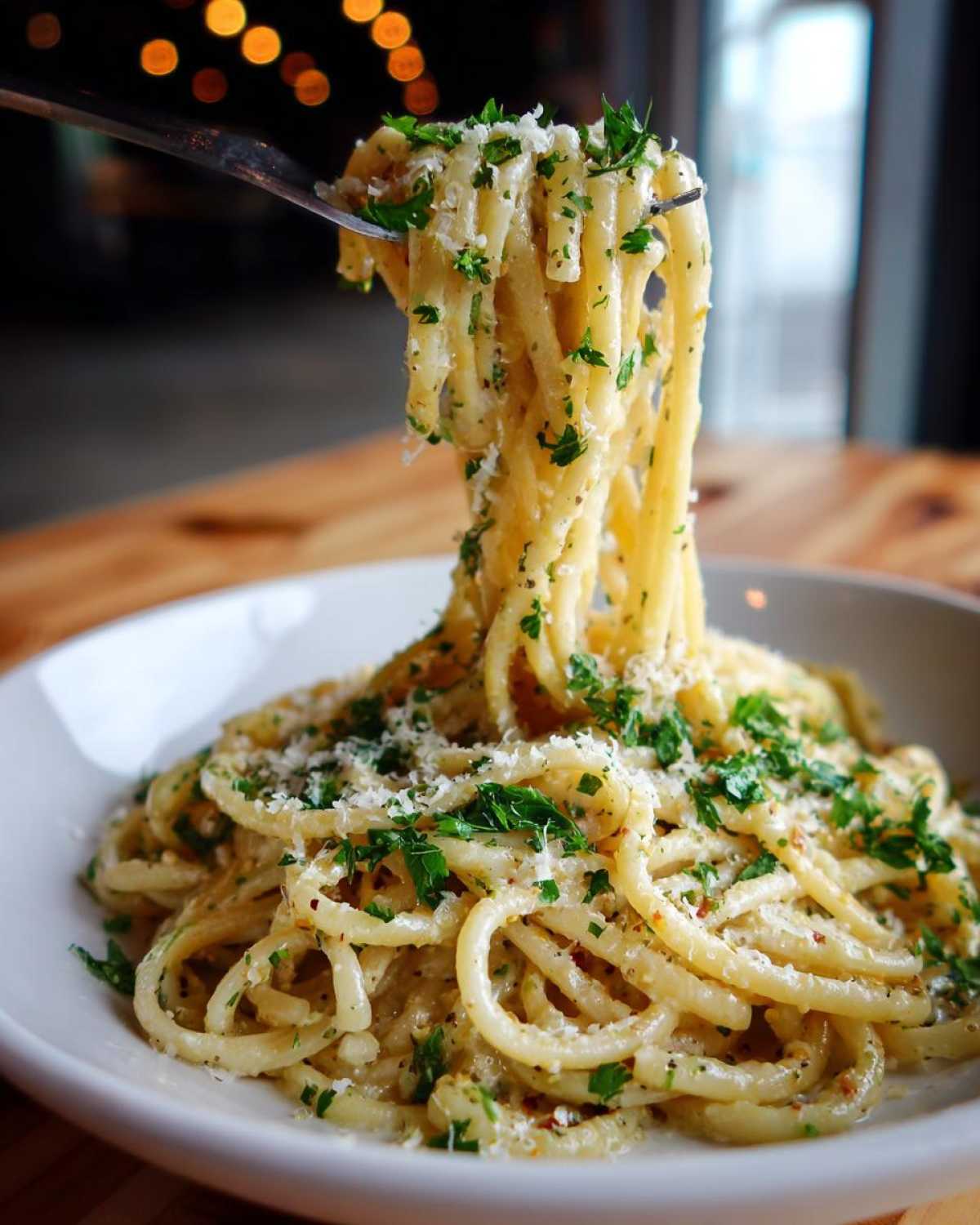 A fork lifts long strands of creamy garlic parmesan pasta topped with grated cheese and fresh parsley from a white bowl.
