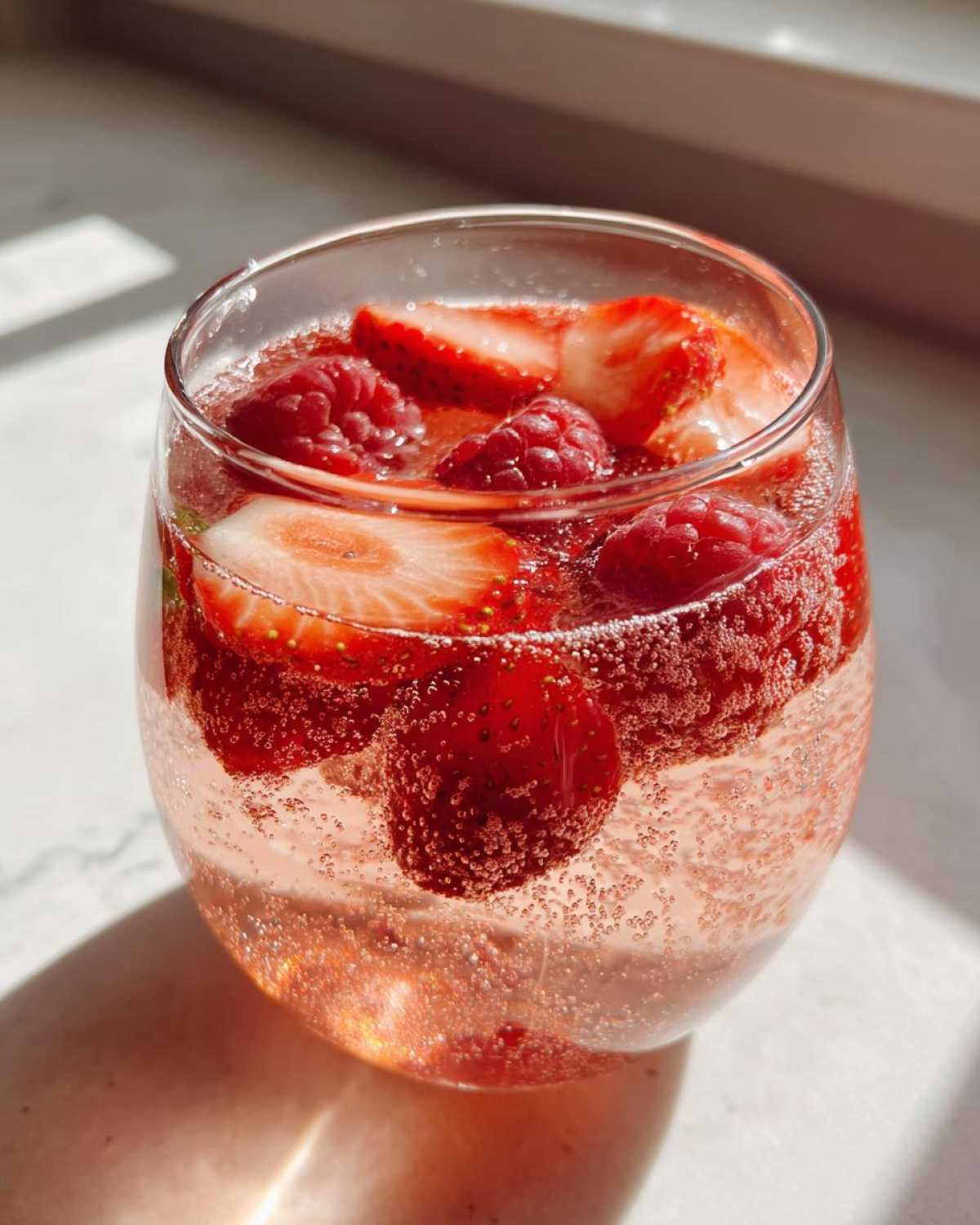 Close-up of a glass filled with bubbly pink champagne punch garnished generously with fresh raspberries and sliced strawberries.