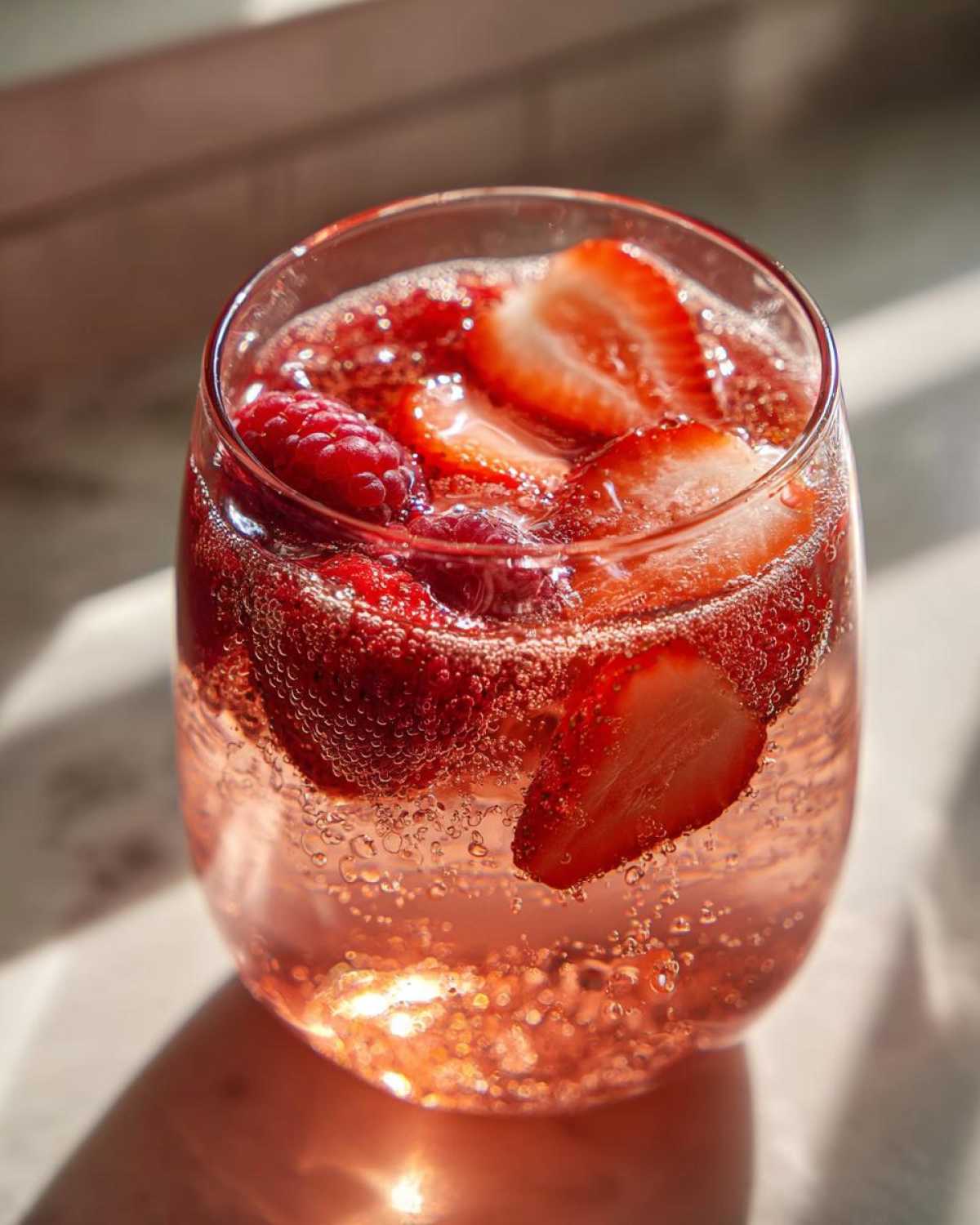 Close-up of a glass filled with sparkling pink champagne punch, garnished with fresh raspberries and sliced strawberries.