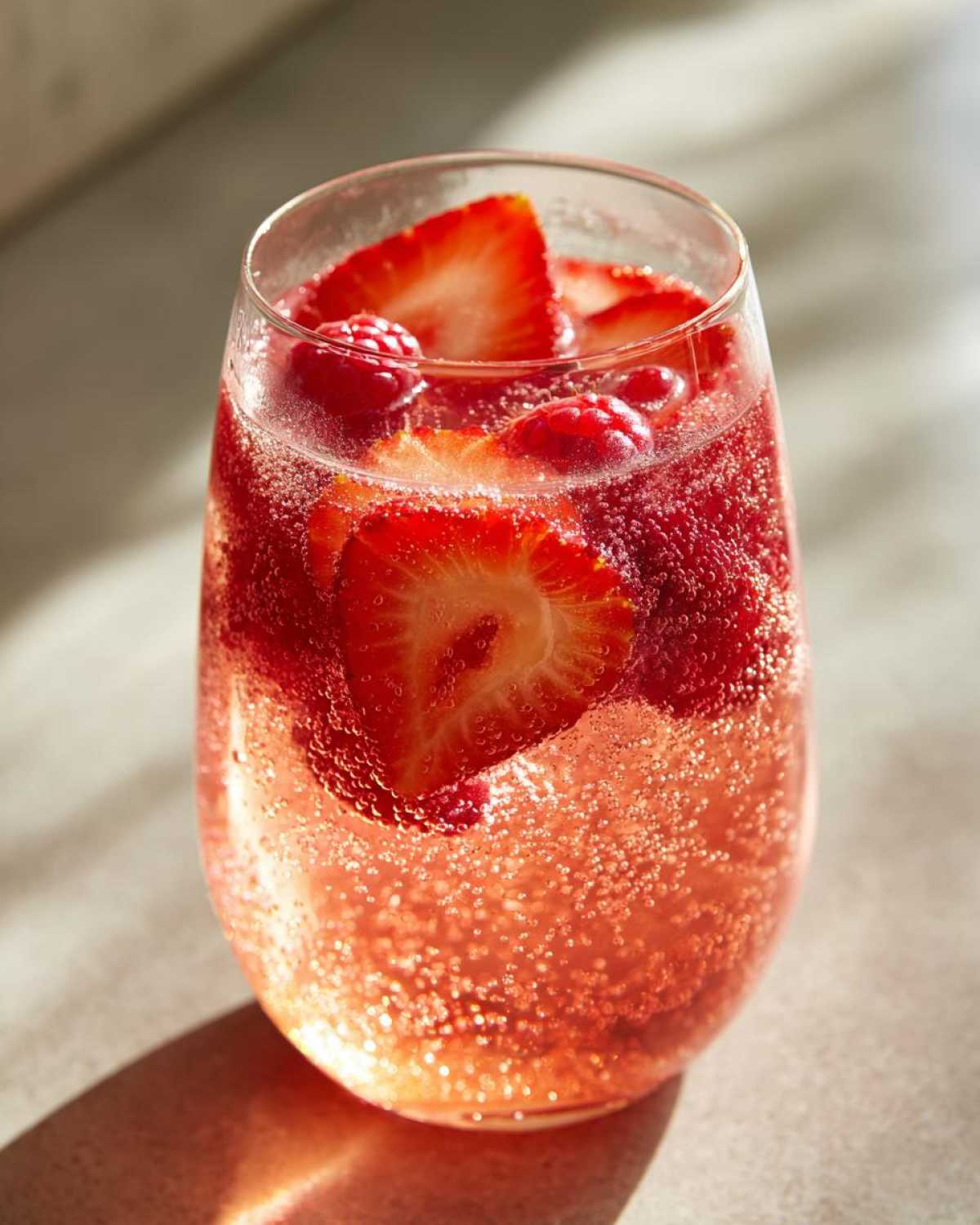 Close-up of a glass filled with bubbly pink champagne punch, garnished with fresh strawberry slices and raspberries.