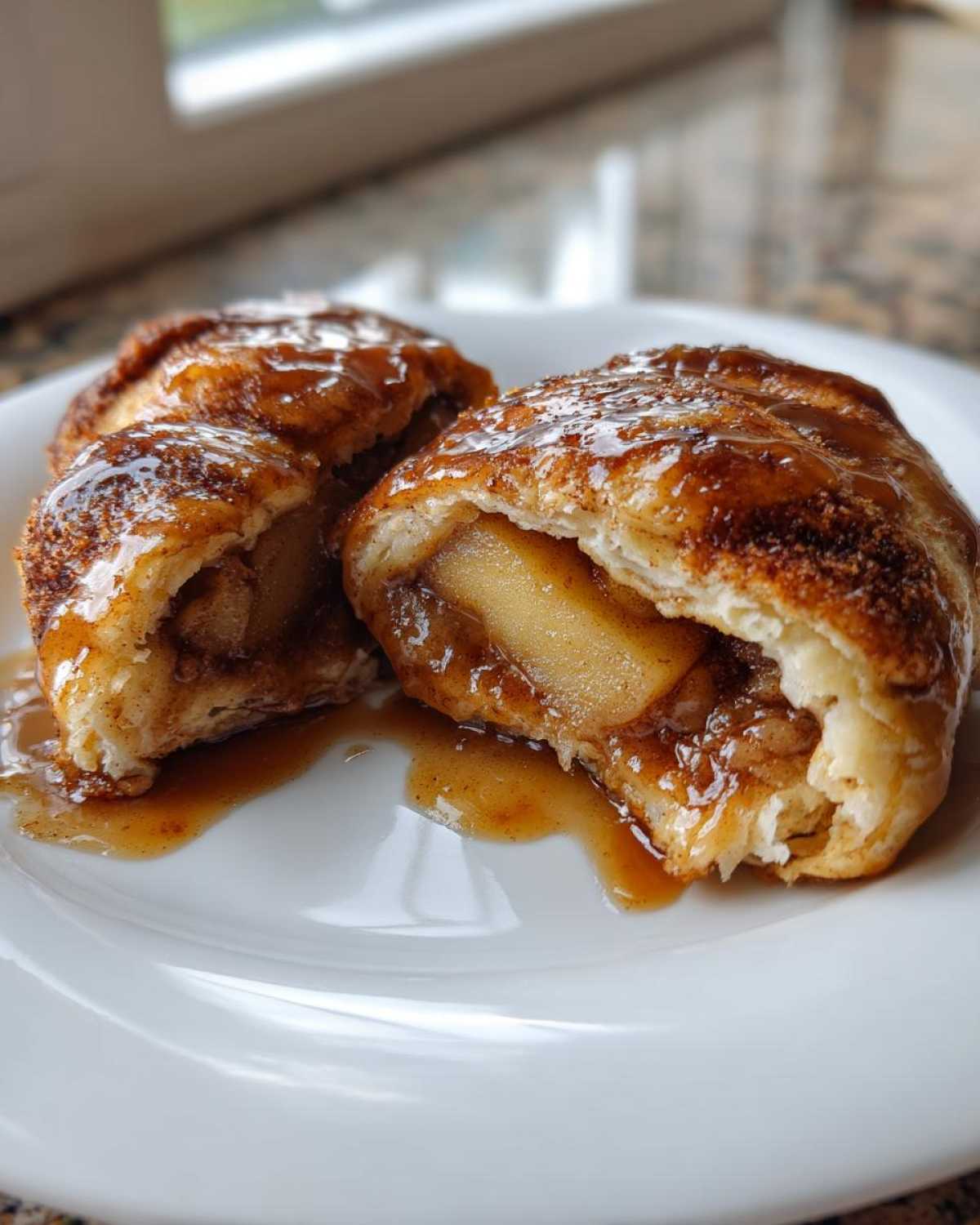 Close-up of a glistening, caramelized apple dumpling cut in half, showing soft apple filling and rich sauce.