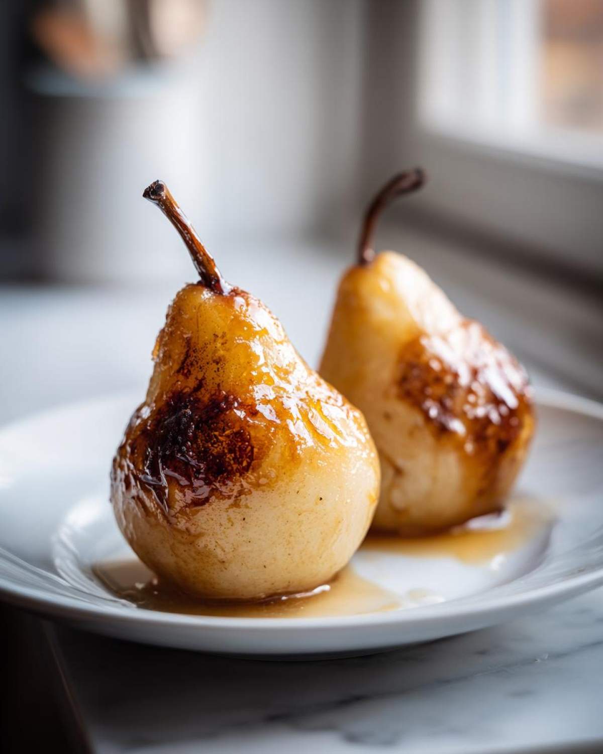 Two perfectly caramelized baked pears sitting in syrup on a white plate, ready to serve.