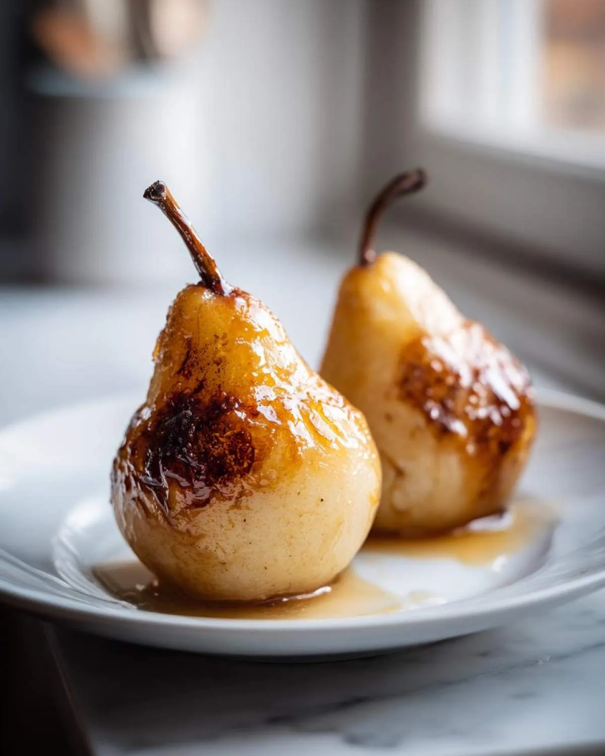 Two perfectly caramelized baked pears sitting in syrup on a white plate, ready to serve.