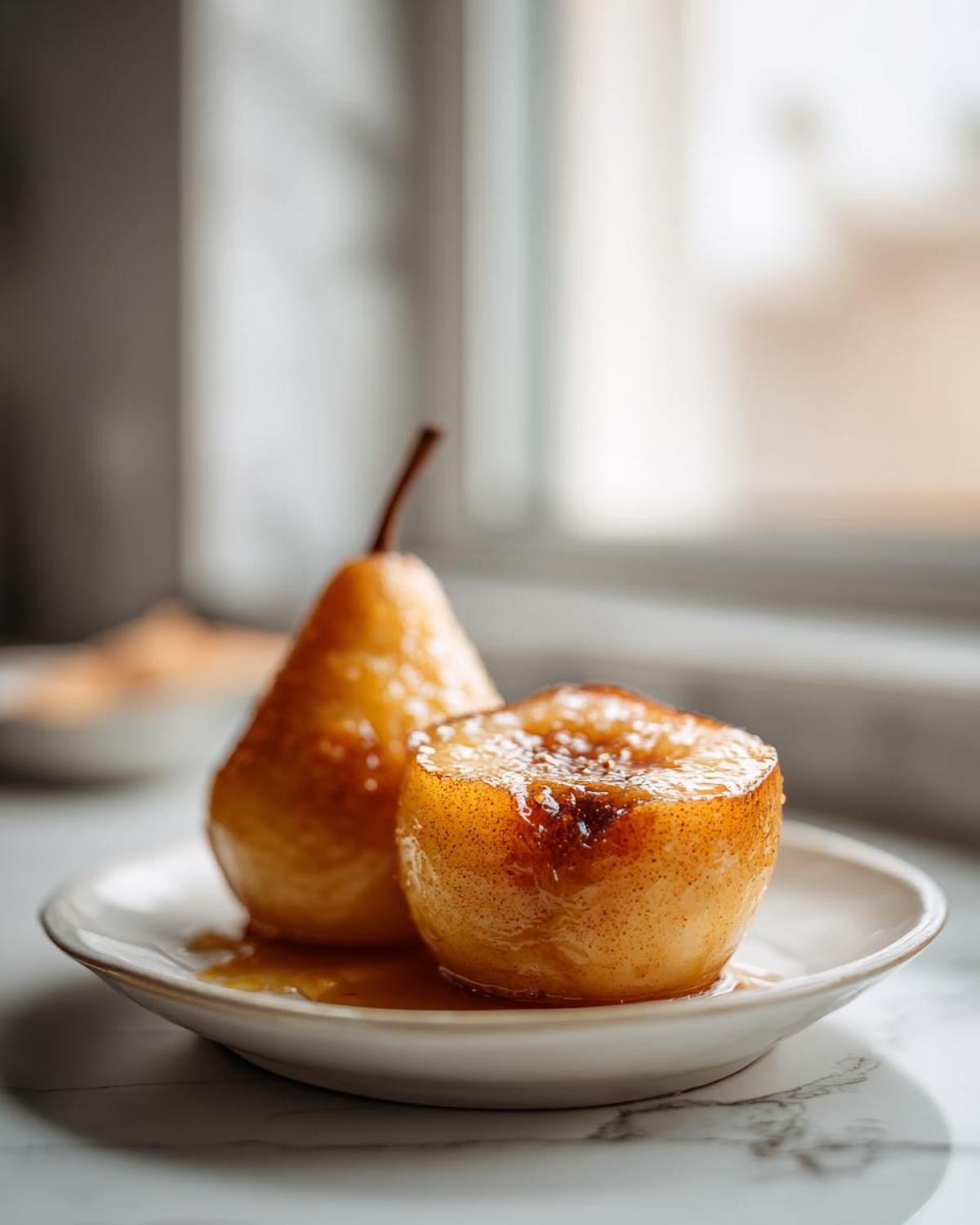 Two glazed baked pears, one whole and one halved, served on a small white plate with syrup.