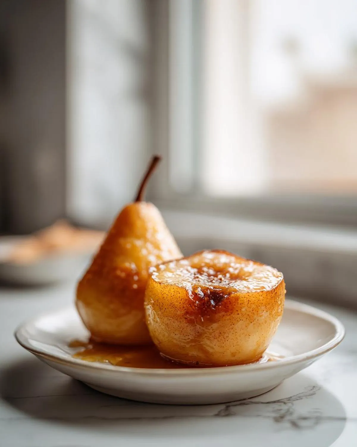 Two glazed baked pears, one whole and one halved, served on a small white plate with syrup.