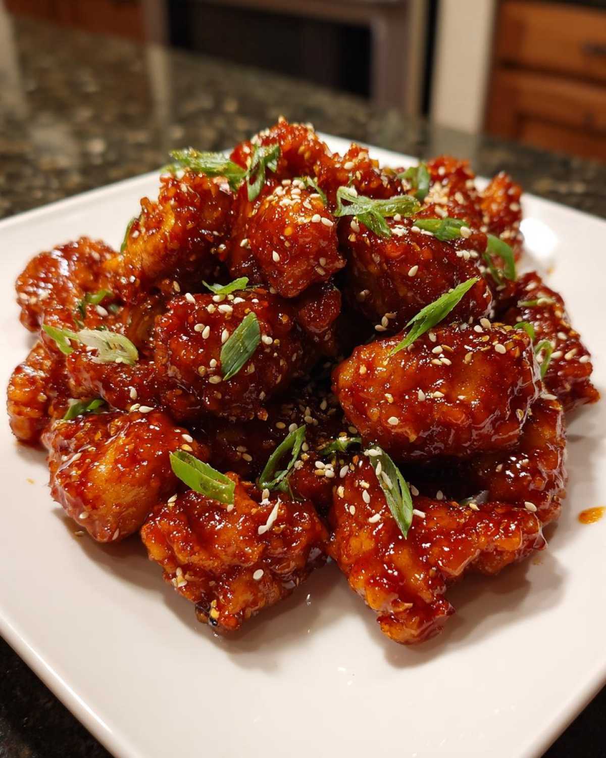 Close-up of sticky, glazed gochujang chicken pieces piled on a white plate, topped with sesame seeds and sliced green onions.