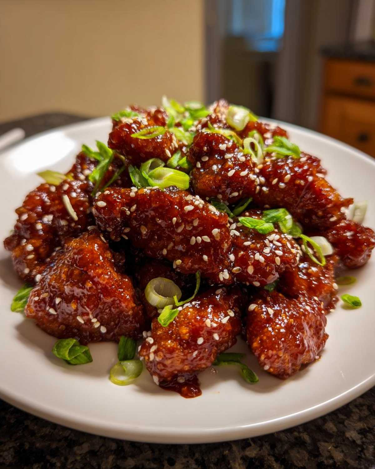 A plate piled high with sticky, glazed gochujang chicken pieces, garnished with white sesame seeds and sliced green onions.