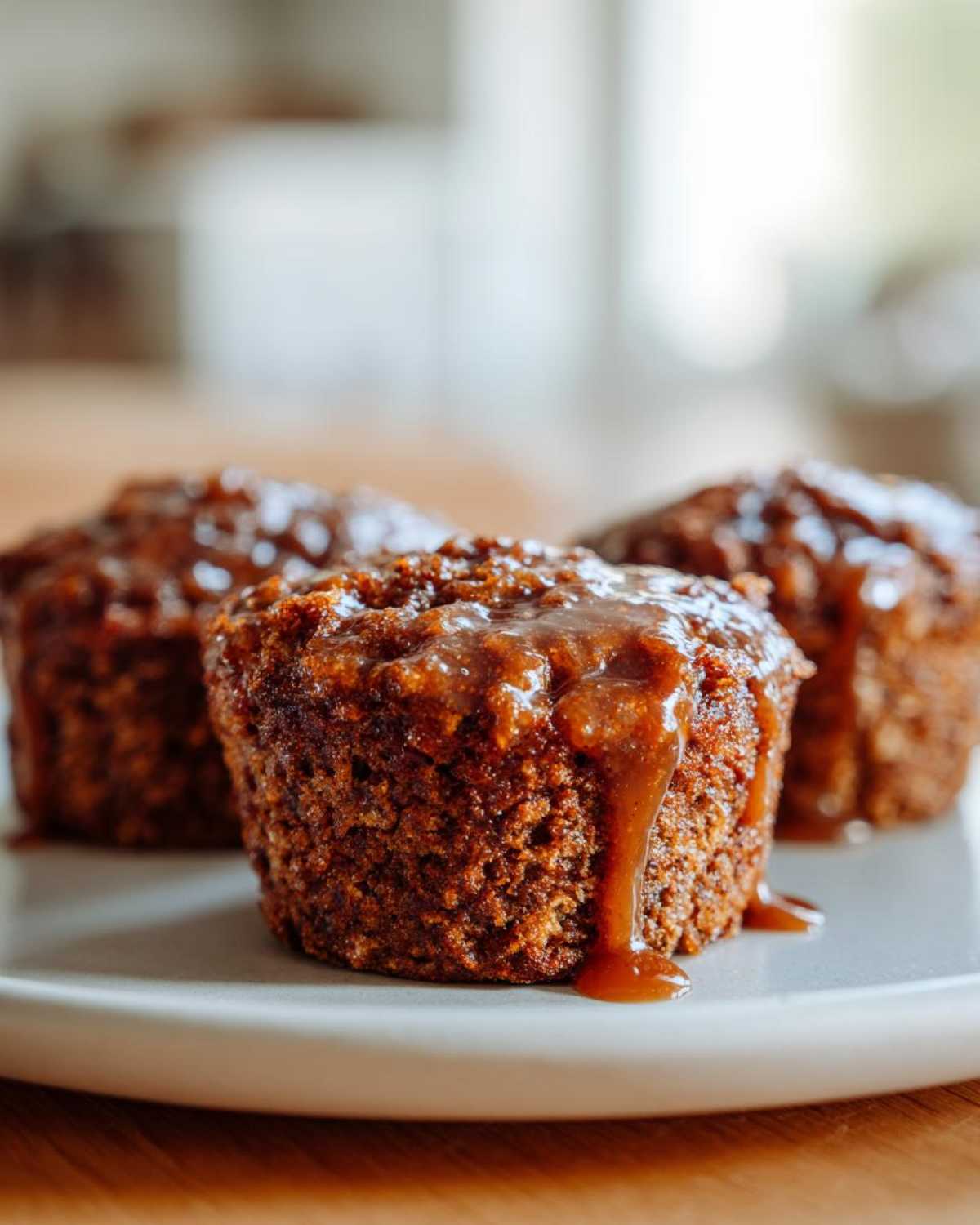 Close-up of three glazed mini meatloaf muffins topped with a rich, savory sauce dripping down the side.