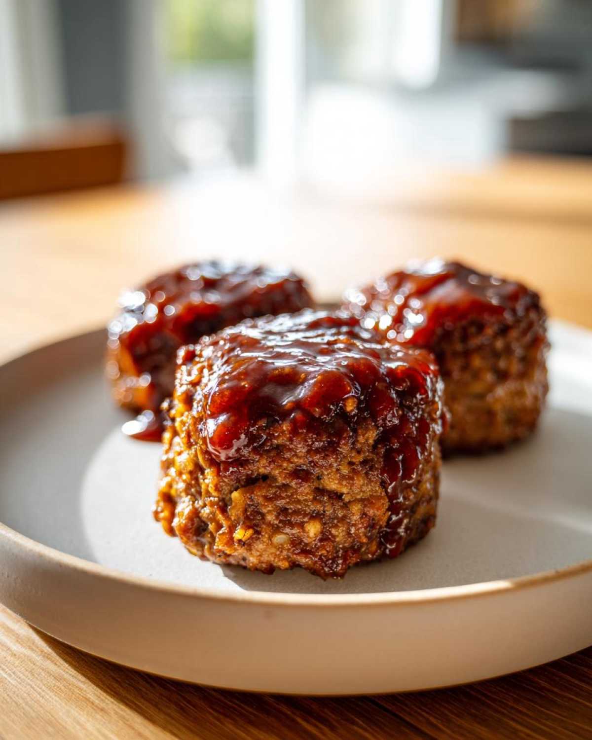Close-up of three perfectly formed mini meatloaf portions topped with a thick, glossy barbecue glaze.