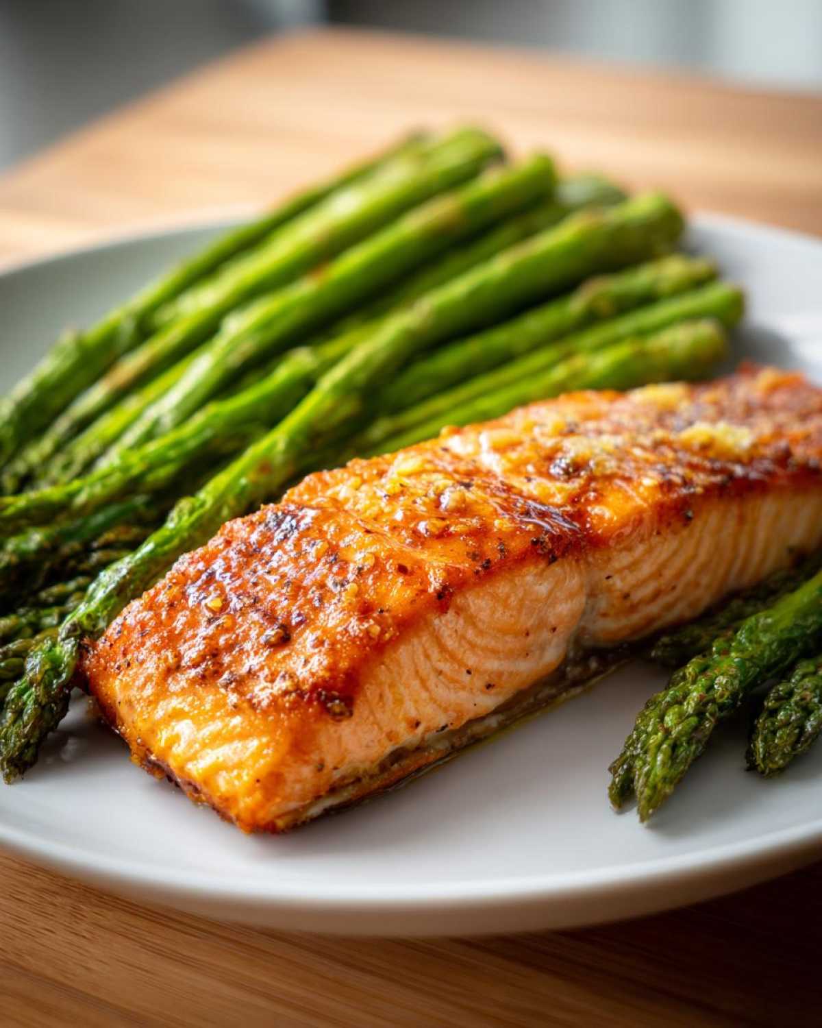 Close-up of a perfectly cooked, glazed salmon recipe fillet served with bright green roasted asparagus spears.