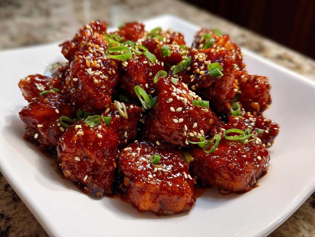 Close-up of glossy, dark red gochujang chicken pieces garnished with sesame seeds and sliced green onions.