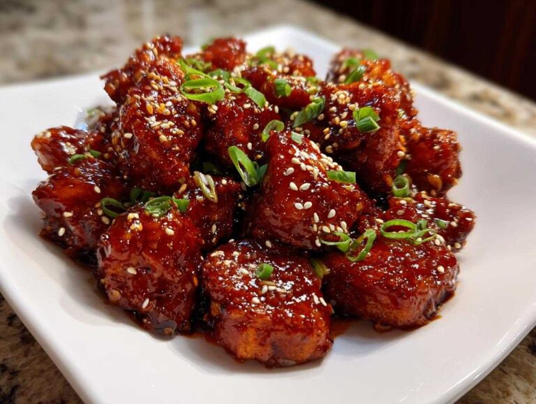 Close-up of glossy, dark red gochujang chicken pieces garnished with sesame seeds and sliced green onions.