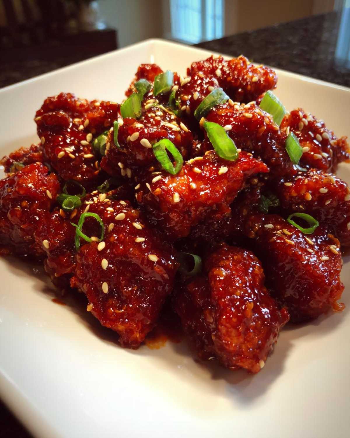 A pile of sticky, glazed gochujang chicken pieces garnished with sesame seeds and sliced green onions.