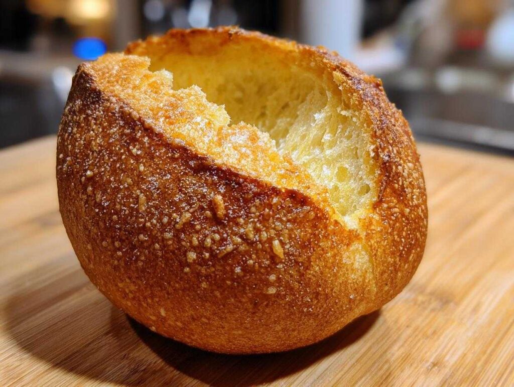 Close-up of a freshly baked, round bread bowl with a golden-brown, crusty exterior, ready to be filled.