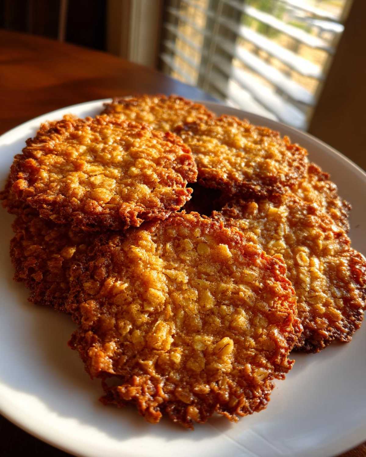 A close-up of several golden brown, crispy oatmeal lace cookies stacked on a white plate.