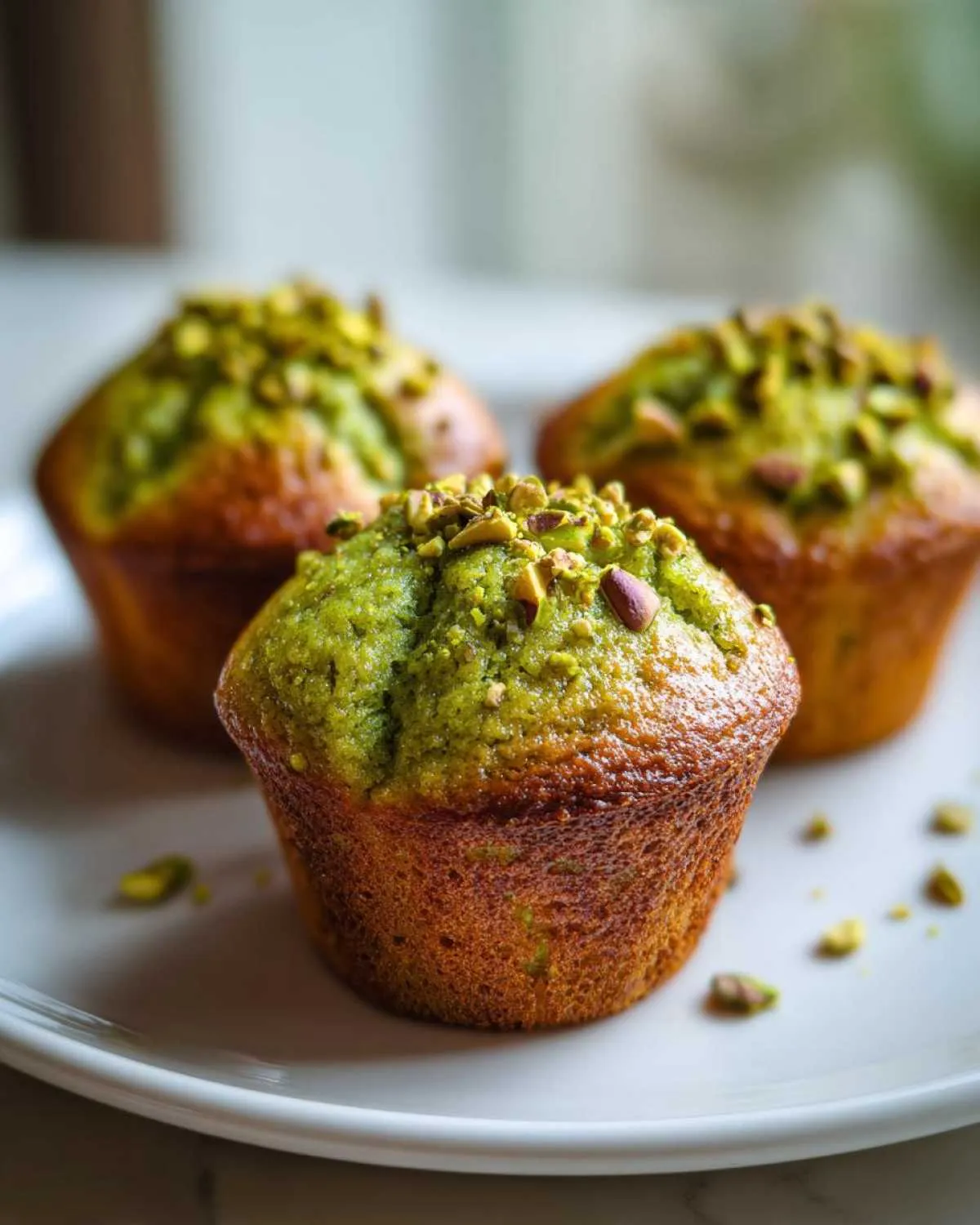 Three golden-brown pistachio muffins with vibrant green tops sprinkled with chopped pistachios, sitting on a white plate.