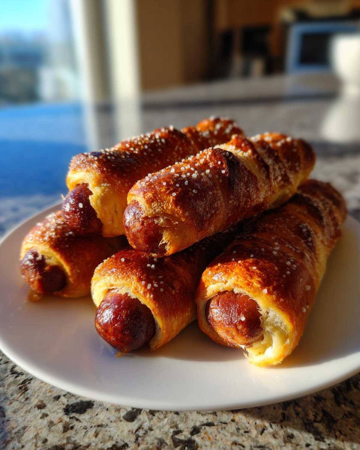 A stack of freshly baked pretzel dogs, glistening with coarse salt, piled on a white plate.