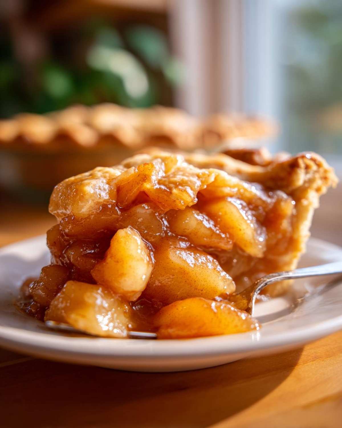 A close-up of a thick slice of pie showcasing rich, gooey apple pie filling and a flaky crust.