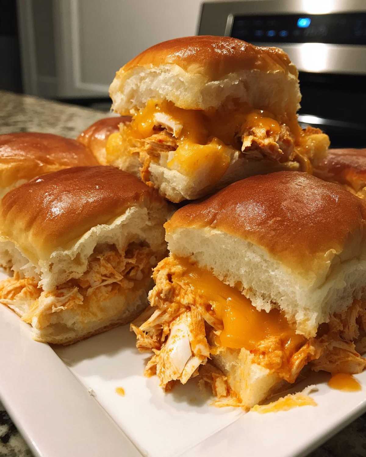 Close-up of several gooey buffalo chicken sliders stacked on a white plate, featuring shredded chicken and melted orange cheese.