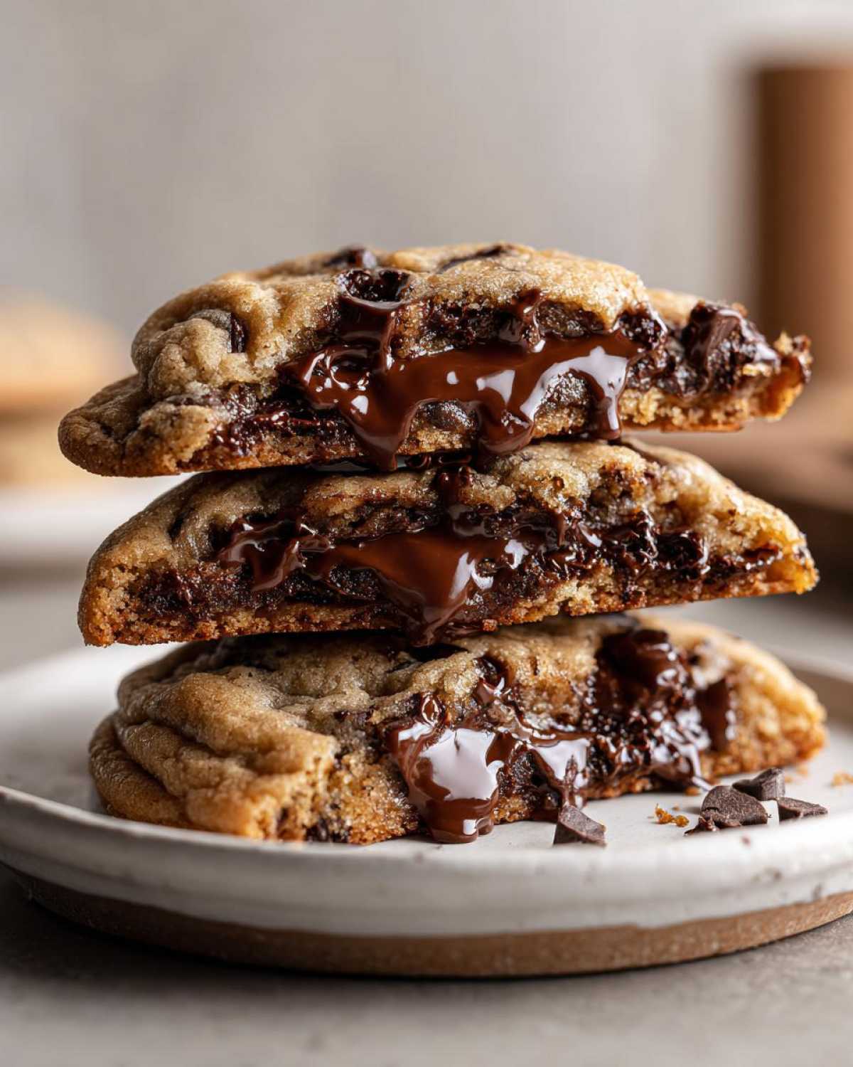 Three halves of a gooey chocolate chip cookie stacked, showing molten chocolate oozing out.