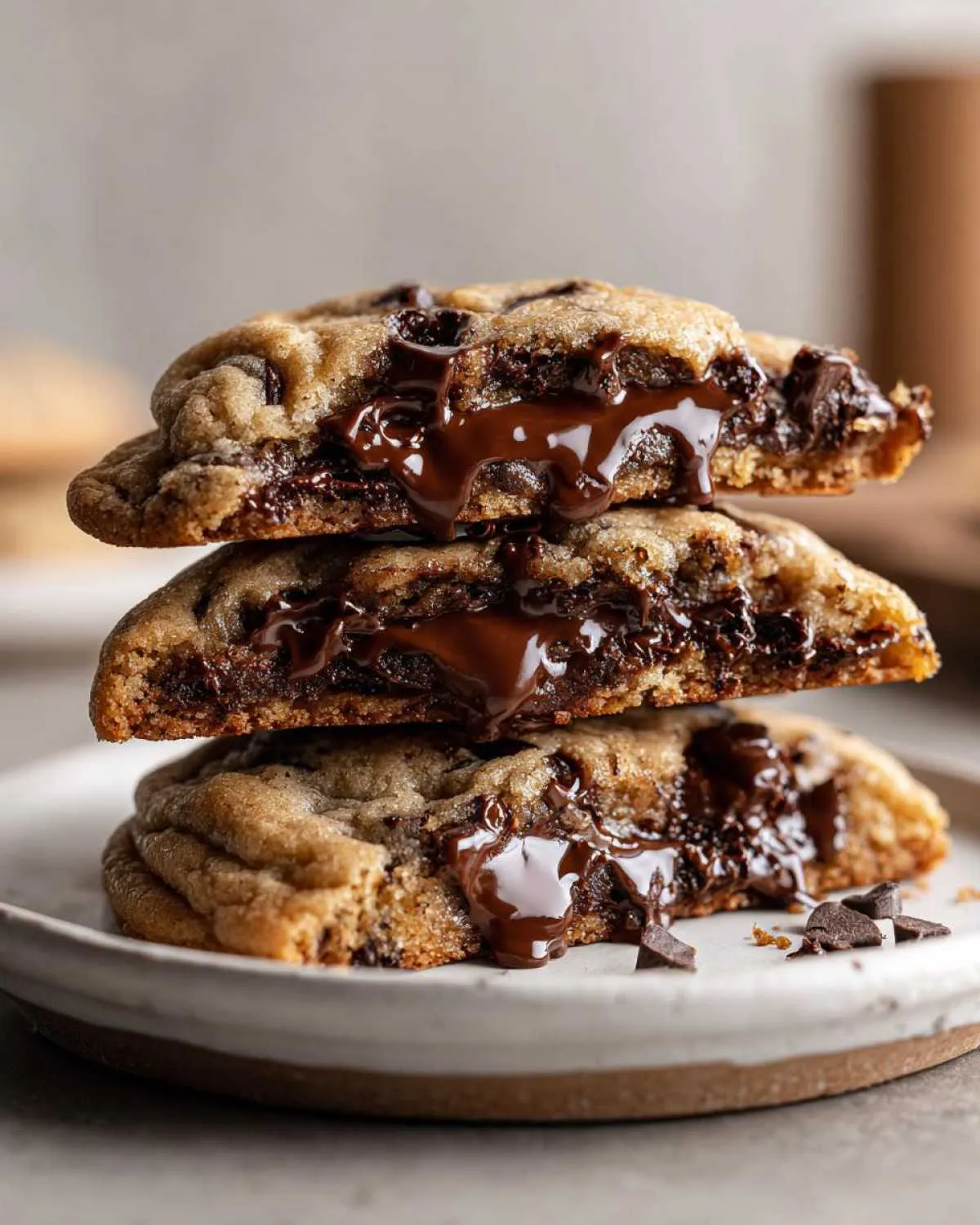 Three halves of a gooey chocolate chip cookie stacked, showing molten chocolate oozing out.