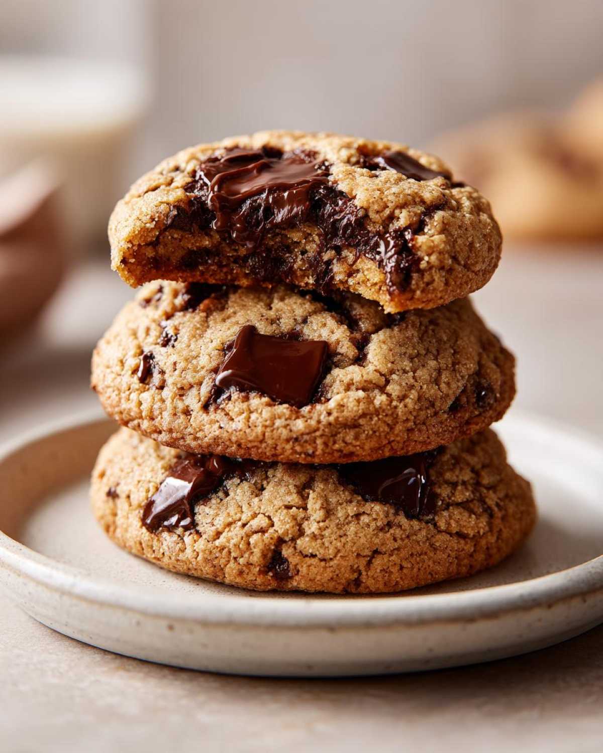 A stack of three perfectly baked chocolate chip cookie, with the top one having a bite taken out showing melted chocolate.
