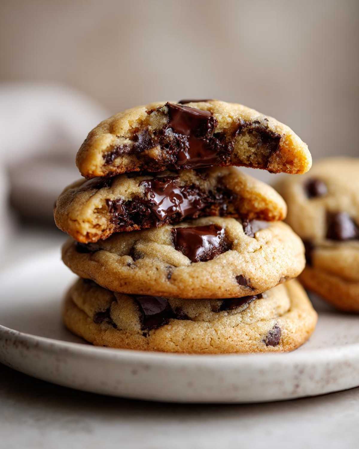 A stack of three gooey chocolate chip cookies, with the top one broken open revealing melted chocolate.