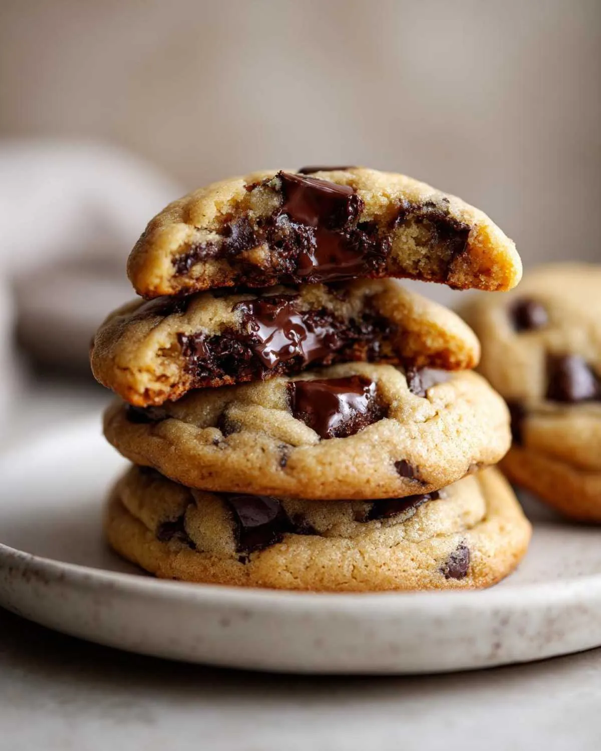 A stack of three gooey chocolate chip cookies, with the top one broken open revealing melted chocolate.