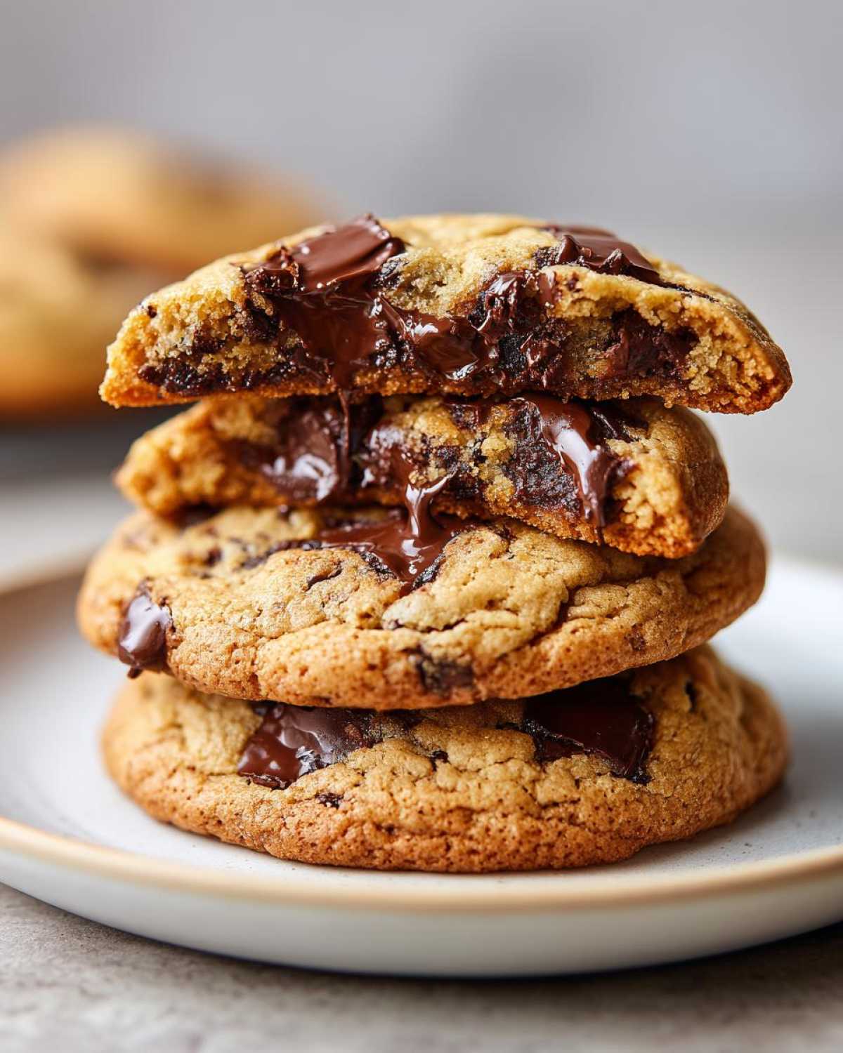 A stack of three gooey chocolate chip cookies, with the top one broken open revealing melted chocolate.