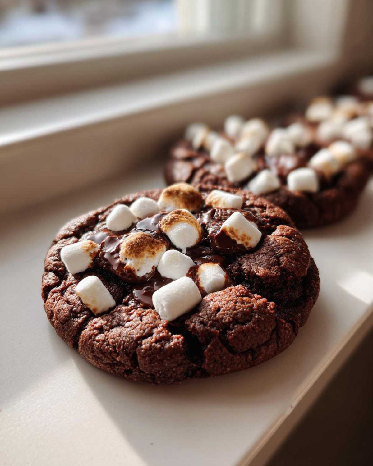 A close-up of a rich, dark chocolate hot chocolate cookie topped with melted chocolate and toasted mini marshmallows.