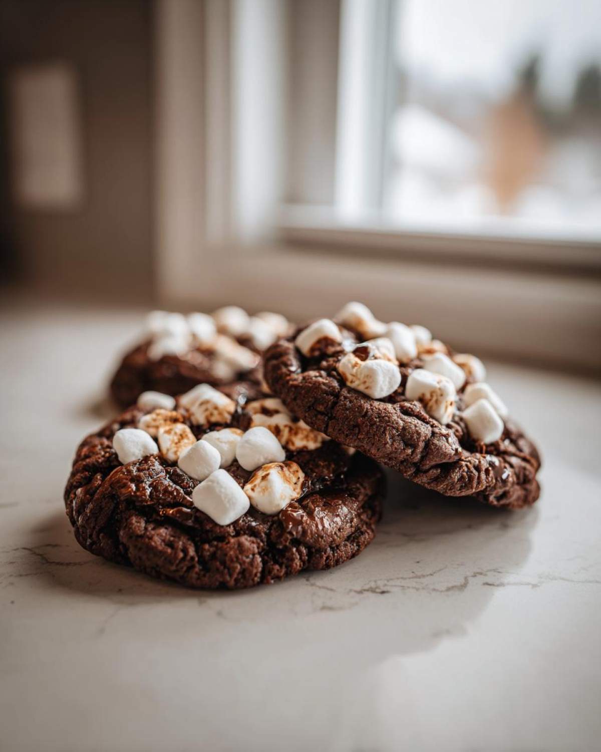 Close-up of rich, dark hot chocolate cookies topped with melted and toasted mini marshmallows.