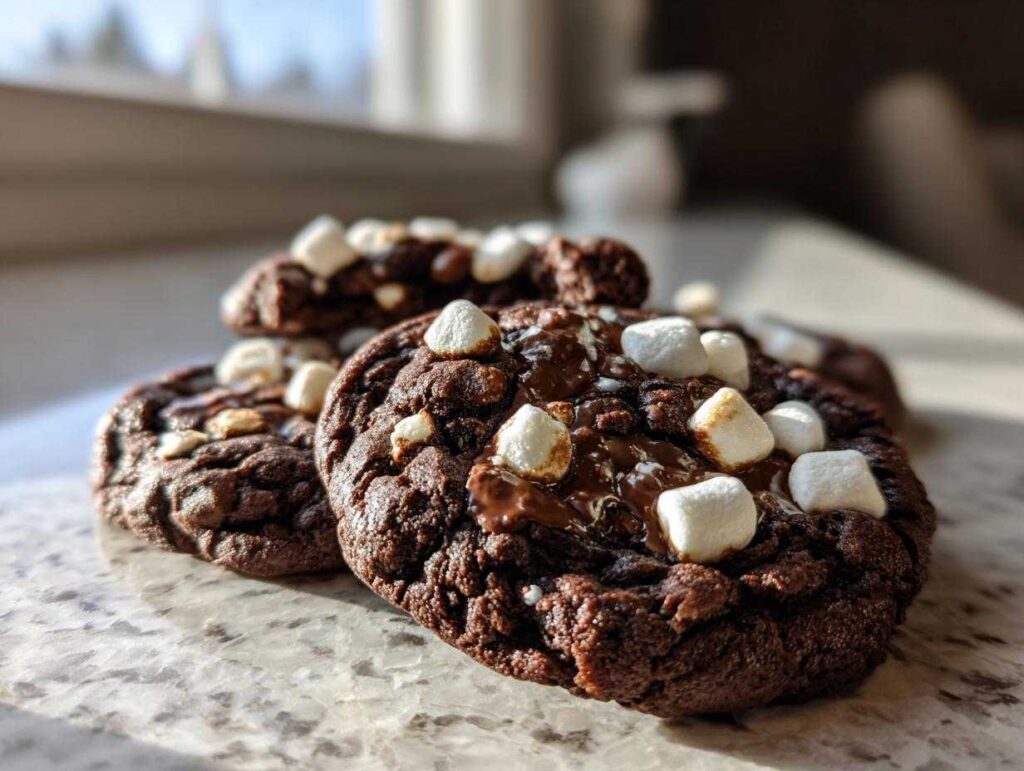Close-up of rich, dark hot chocolate cookies topped with melted chocolate and mini marshmallows.
