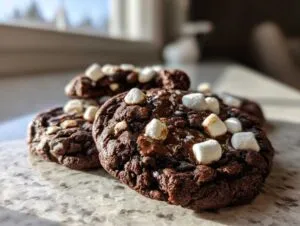 Close-up of rich, dark hot chocolate cookies topped with melted chocolate and mini marshmallows.