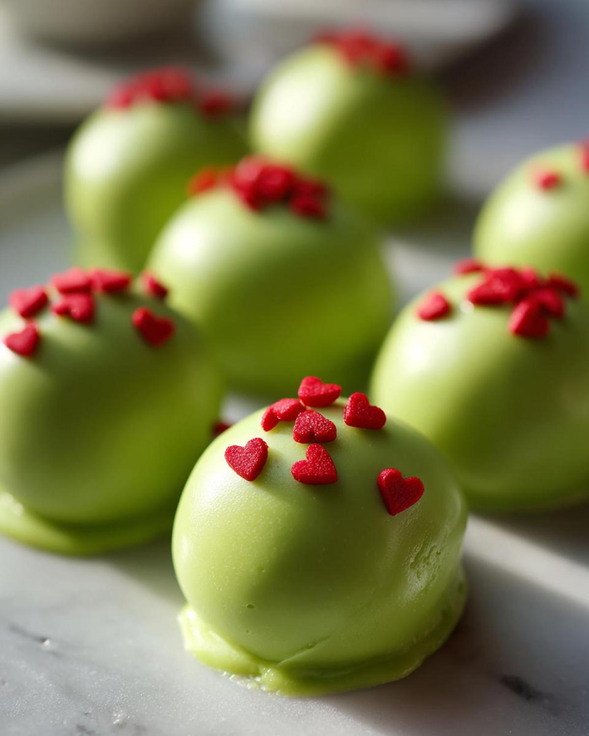 Several bright green Grinch Oreo balls topped with small red heart sprinkles resting on a white marble surface.