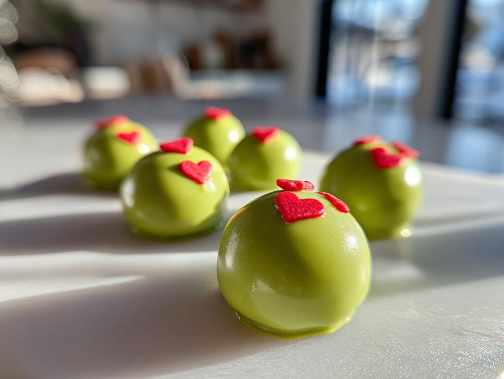 A close-up of several bright green Grinch Oreo Balls decorated with small red heart sprinkles.