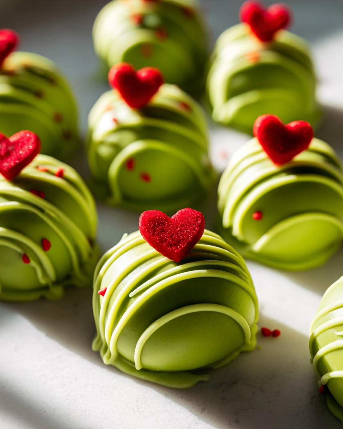 Close-up of several bright green Grinch Oreo Balls decorated with white drizzle and a sparkly red heart on top.