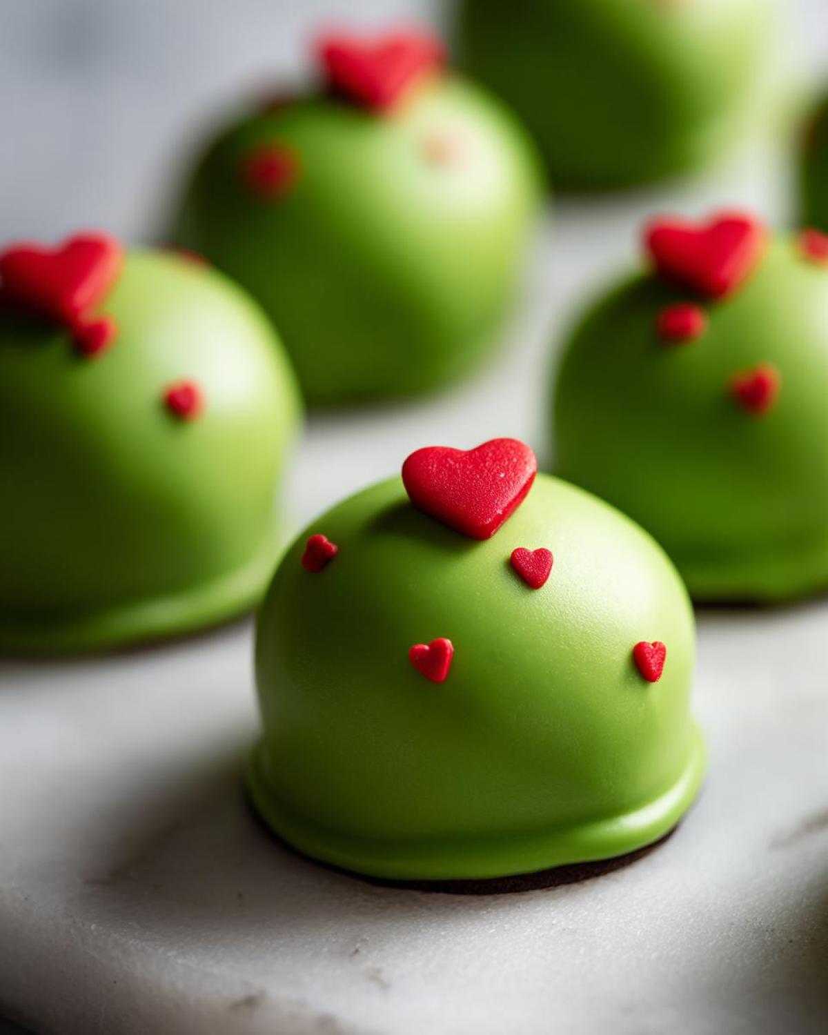 Close-up of bright green, dome-shaped Grinch Oreo Balls decorated with small red heart sprinkles.
