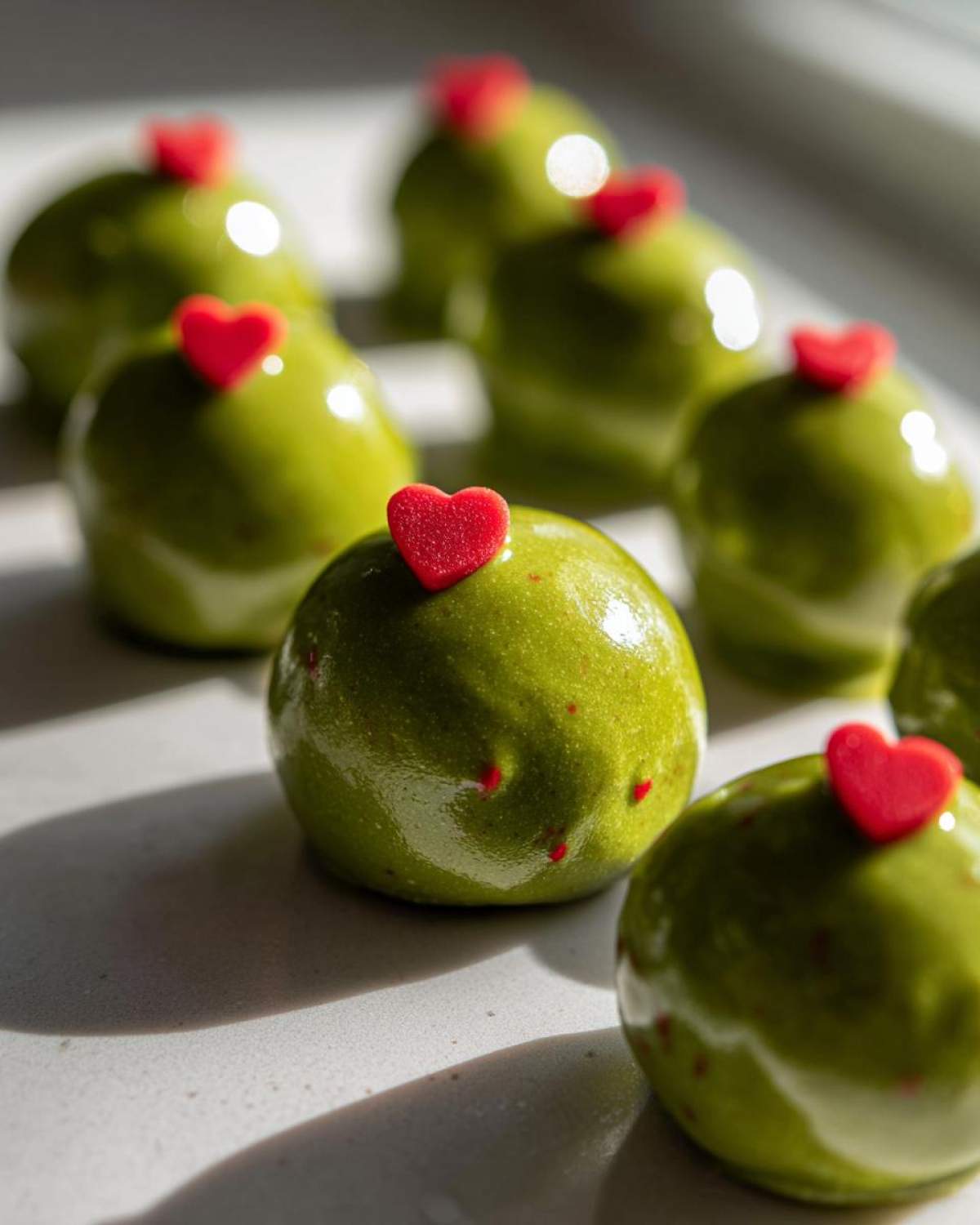 Several shiny, bright green Grinch Oreo Balls decorated with small red heart sprinkles, arranged on a light surface.