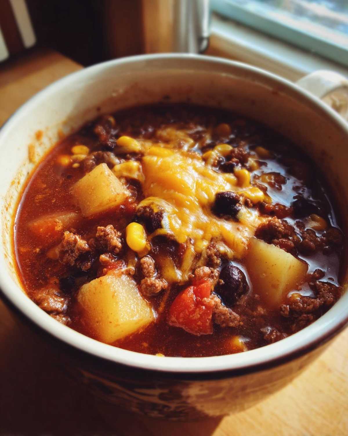 Close-up of a steaming bowl of cowboy soup featuring ground beef, potatoes, corn, beans, and melted cheddar cheese.